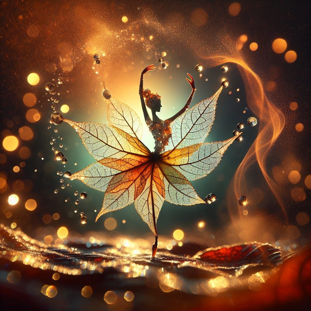 Leaf Ballerina with Raindrops and Amber Sparks