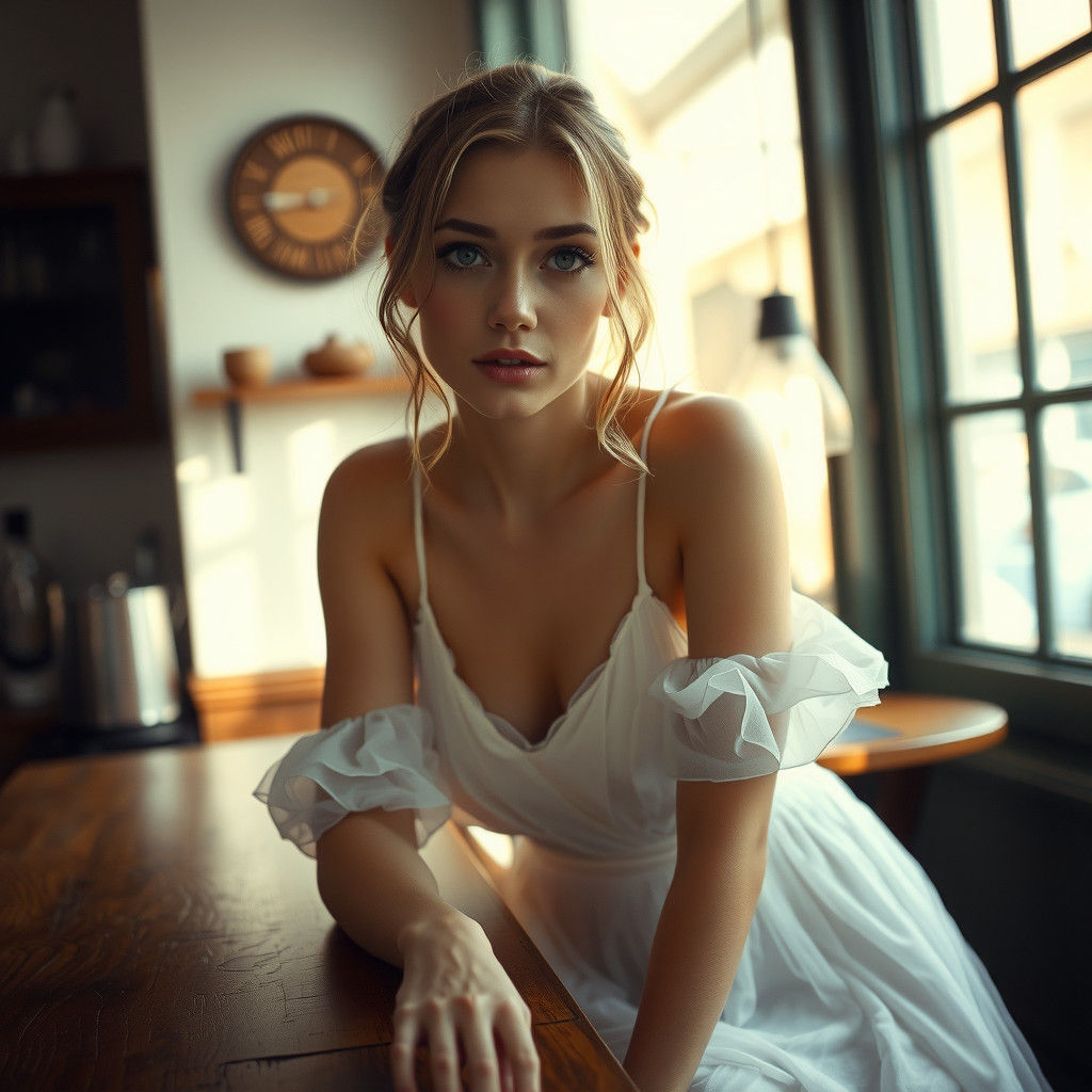 Woman in Cafe: A Realistic Photographic Portrait