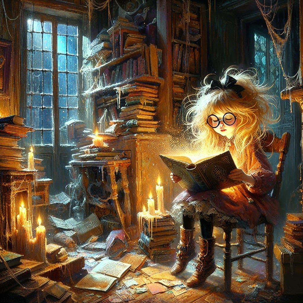 Girl Reading Magical Book in Oil Painting Style