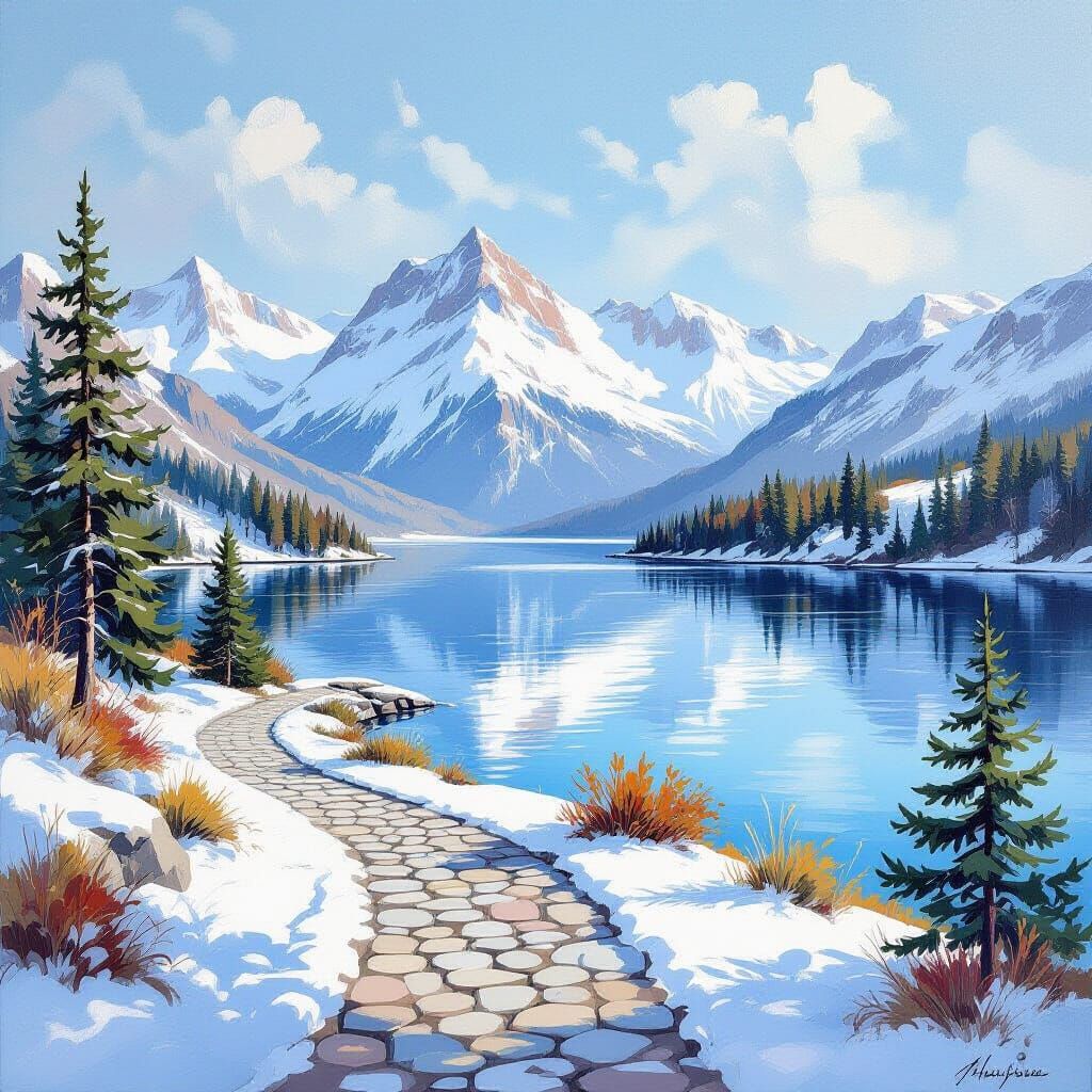 Snowy Mountains and Lake with Pebble Path in Gouache Style