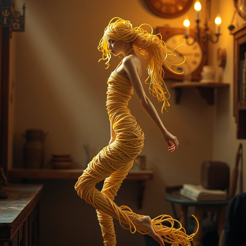 Golden Linguini Goddess in Whimsical Italian Landscape