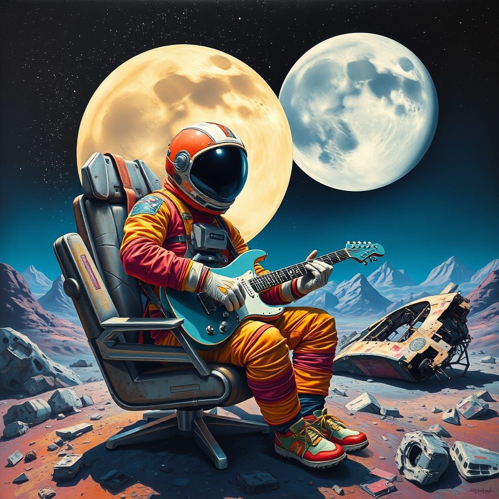 Astronaut Plays Guitar in Vibrant Space with Abandoned Space...
