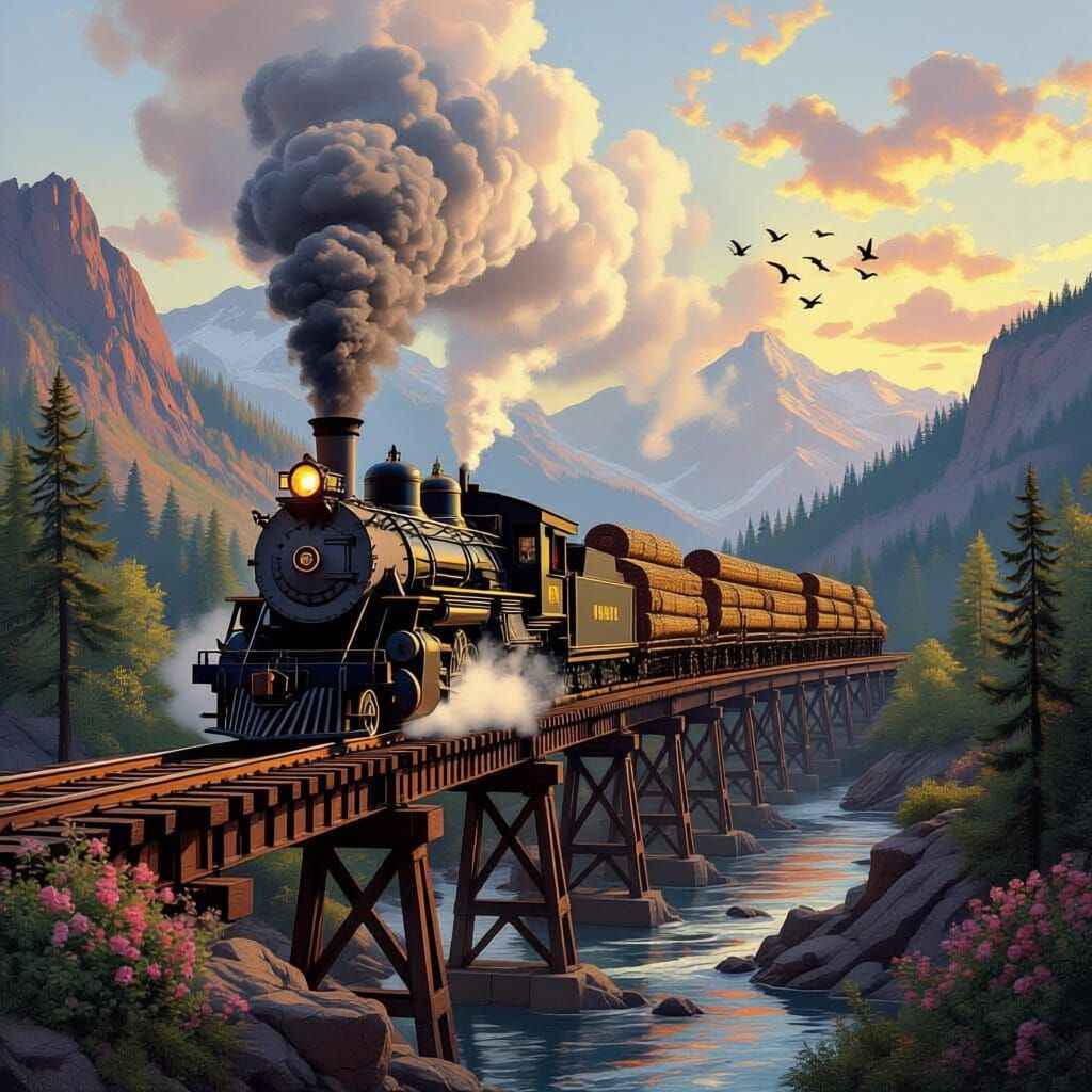 Steam Locomotive on Mountain Trestle Bridge