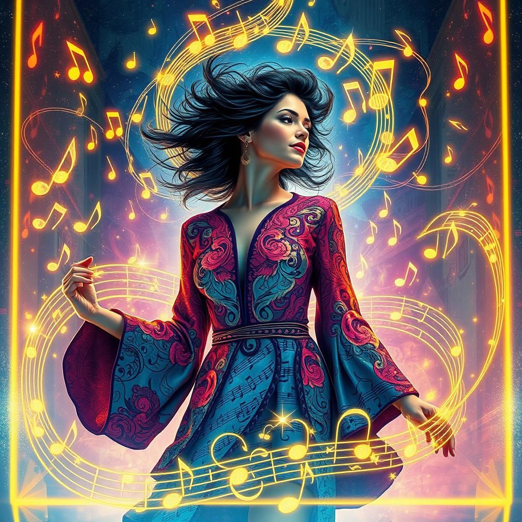 Surreal Dreamscape: Woman in Musical Attire