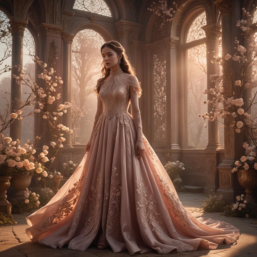 Elegant Girl in Rose Dress: Fantasy Matte Painting