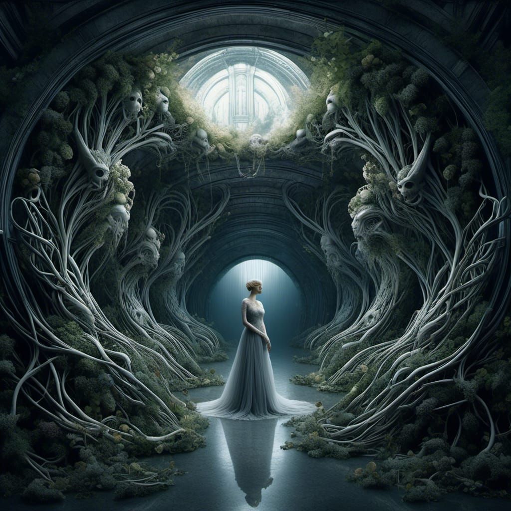 Biomechanical Vines in Surreal Tunnel Vision Landscape