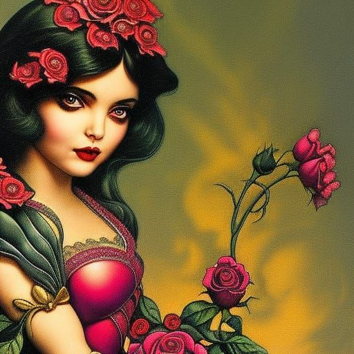 Snow White Rose Gathering: Storybook Illustration