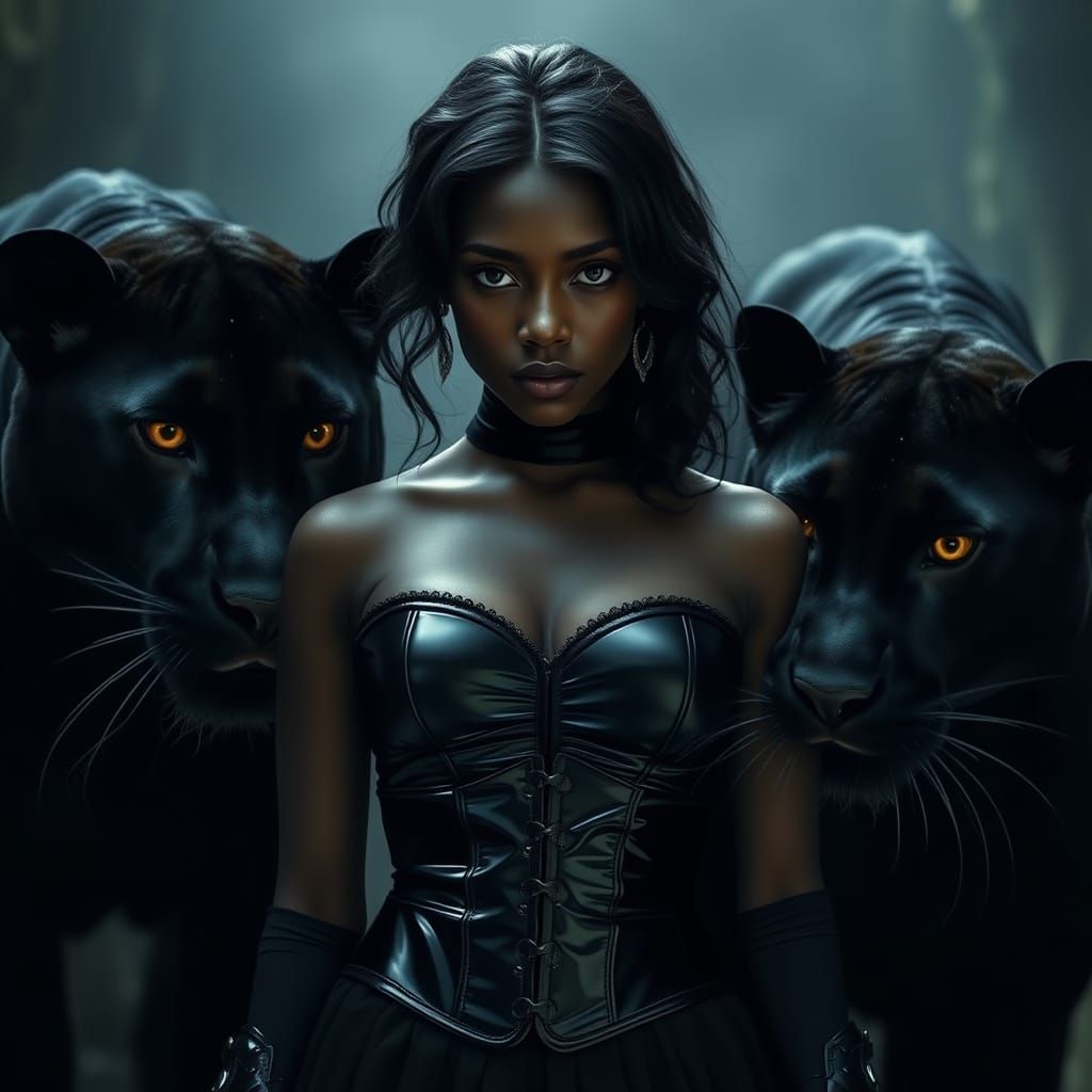 Confident Dark Goddess Surrounded by Majestic Panthers in a ...