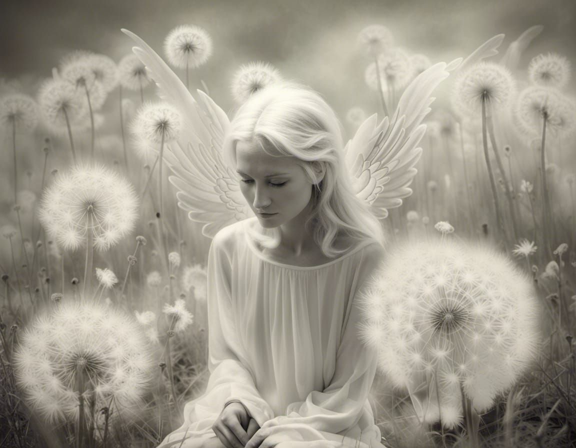 Ethereal Angel in Dandelion Dreamscape