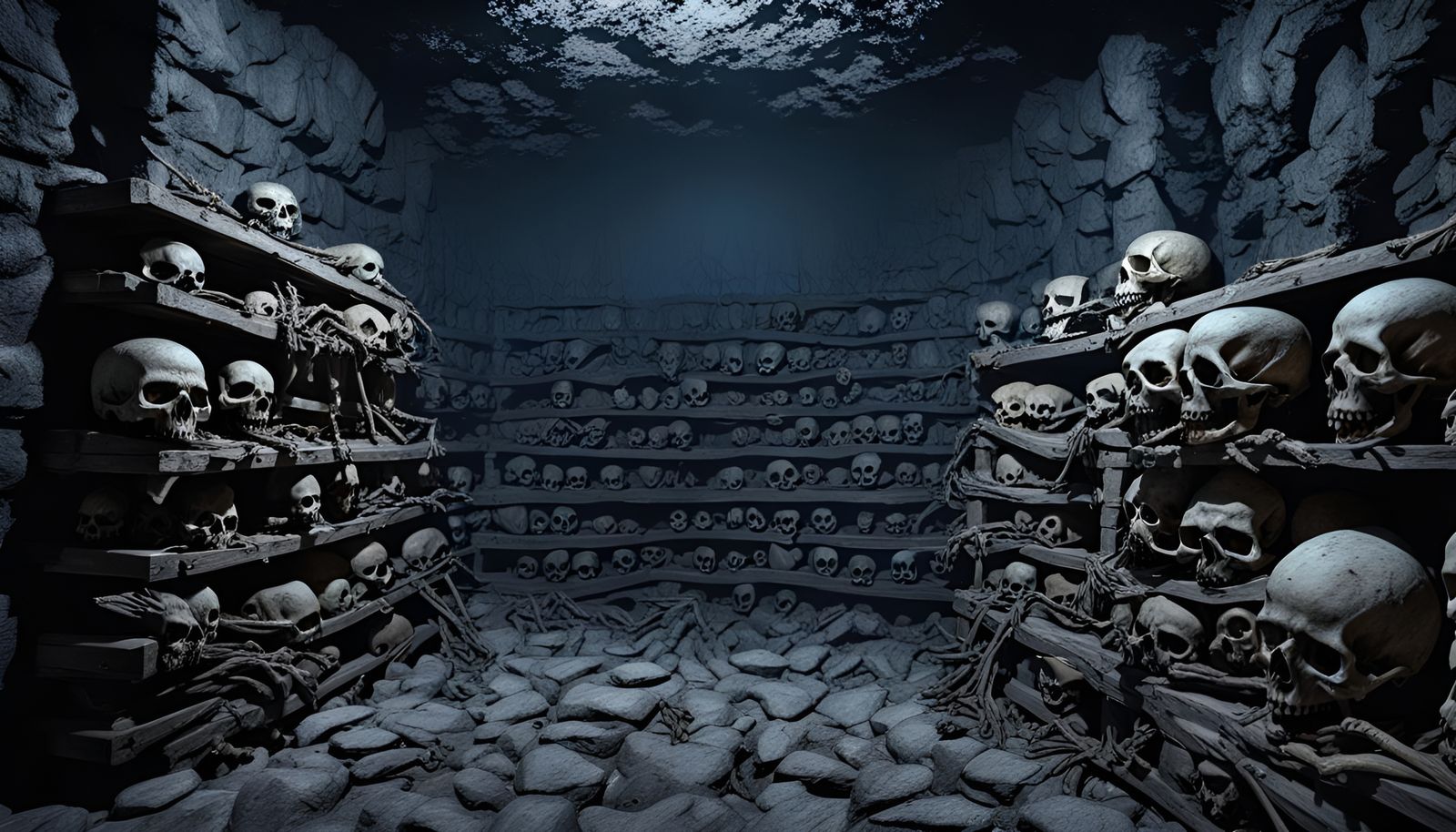 Eerie Medieval Fantasy Catacombs with Skeletons and Bats