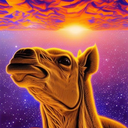 Sahara Camel with Galactic Sunset, Photorealistic 3D Art
