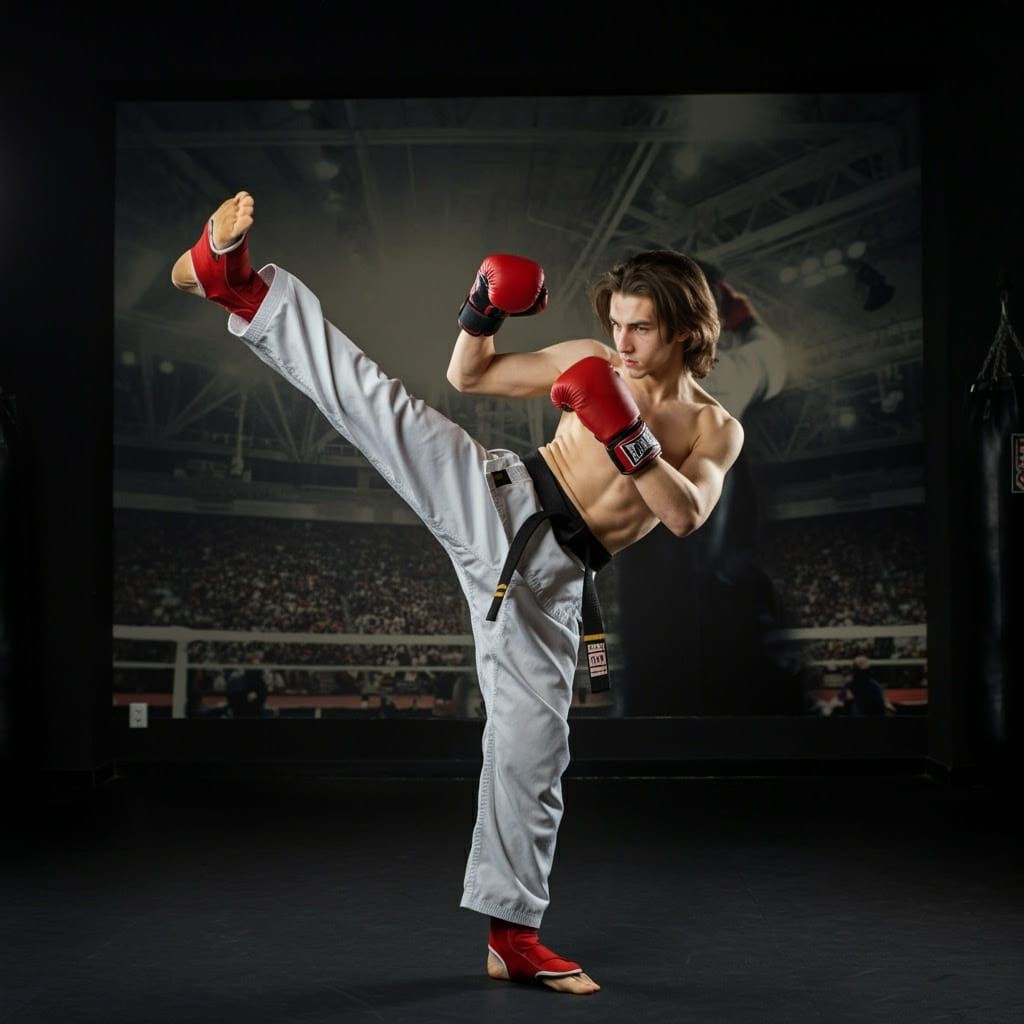 Tall Kickboxer in Action, High Kick Pose