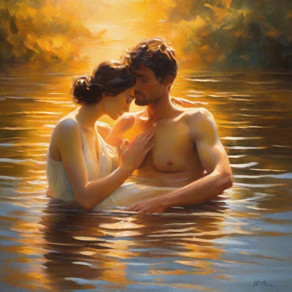 Ethereal Couple Floating in Golden River