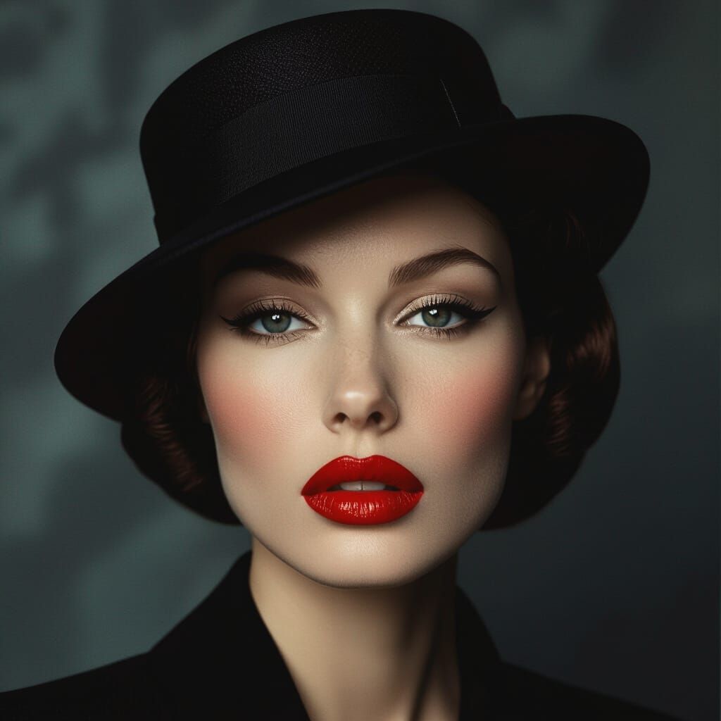 Woman in Pill Box Hat with Red Lipstick, Noir Photography St...