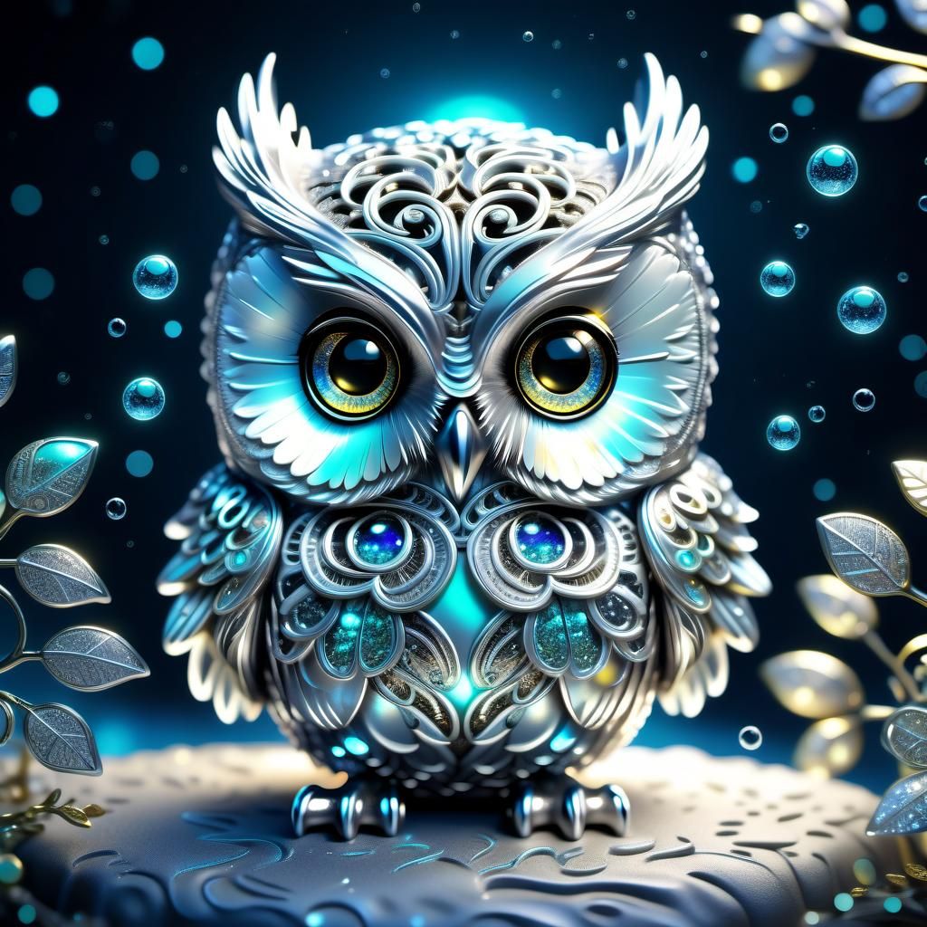 Cute Chibi Silver Owl with Bioluminescent Eyes