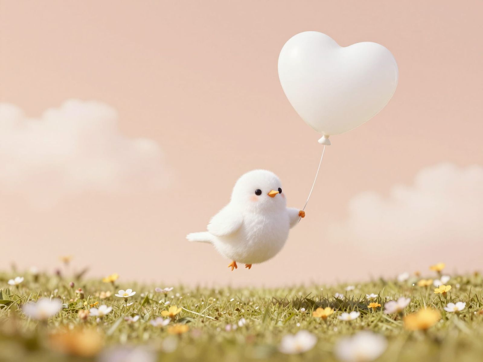 Ethereal White Bird with Heart Balloon in Dreamy Sky