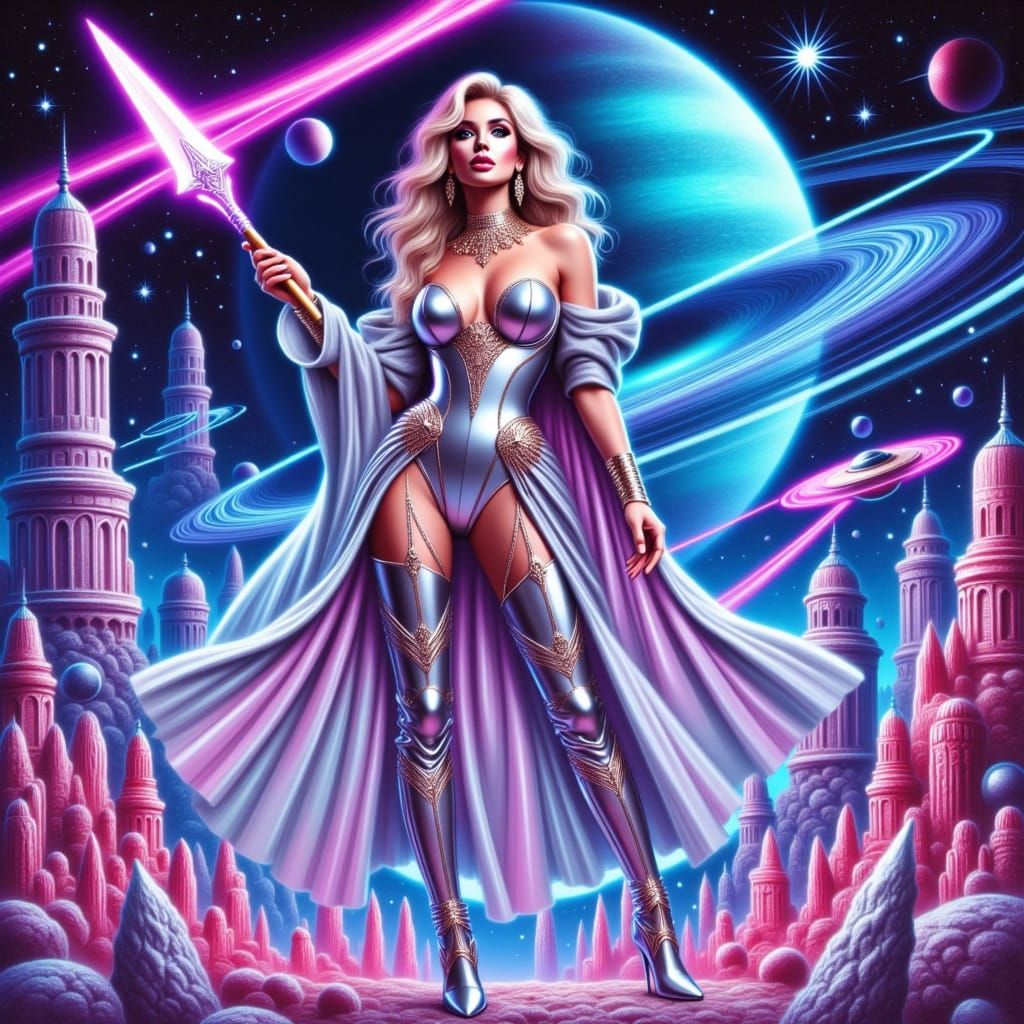 Intergalactic Heroine in Retrofuturistic Sci-Fi Landscape
