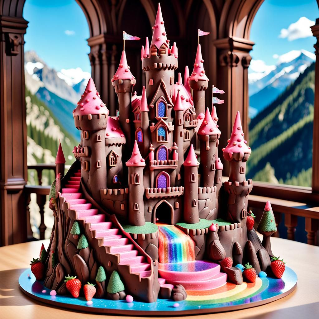 Chocolate Castle with Strawberry Roofs in Mystical Landscape