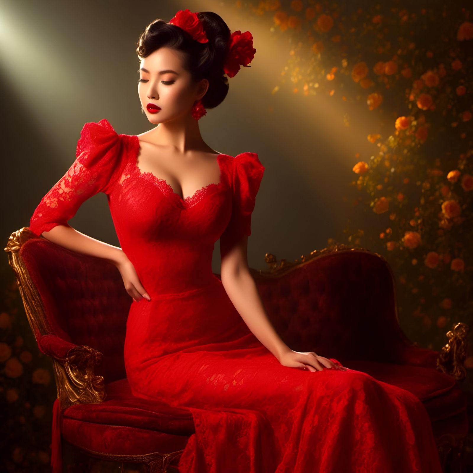 Elegant Woman in Red Dress, Pin-Up Style