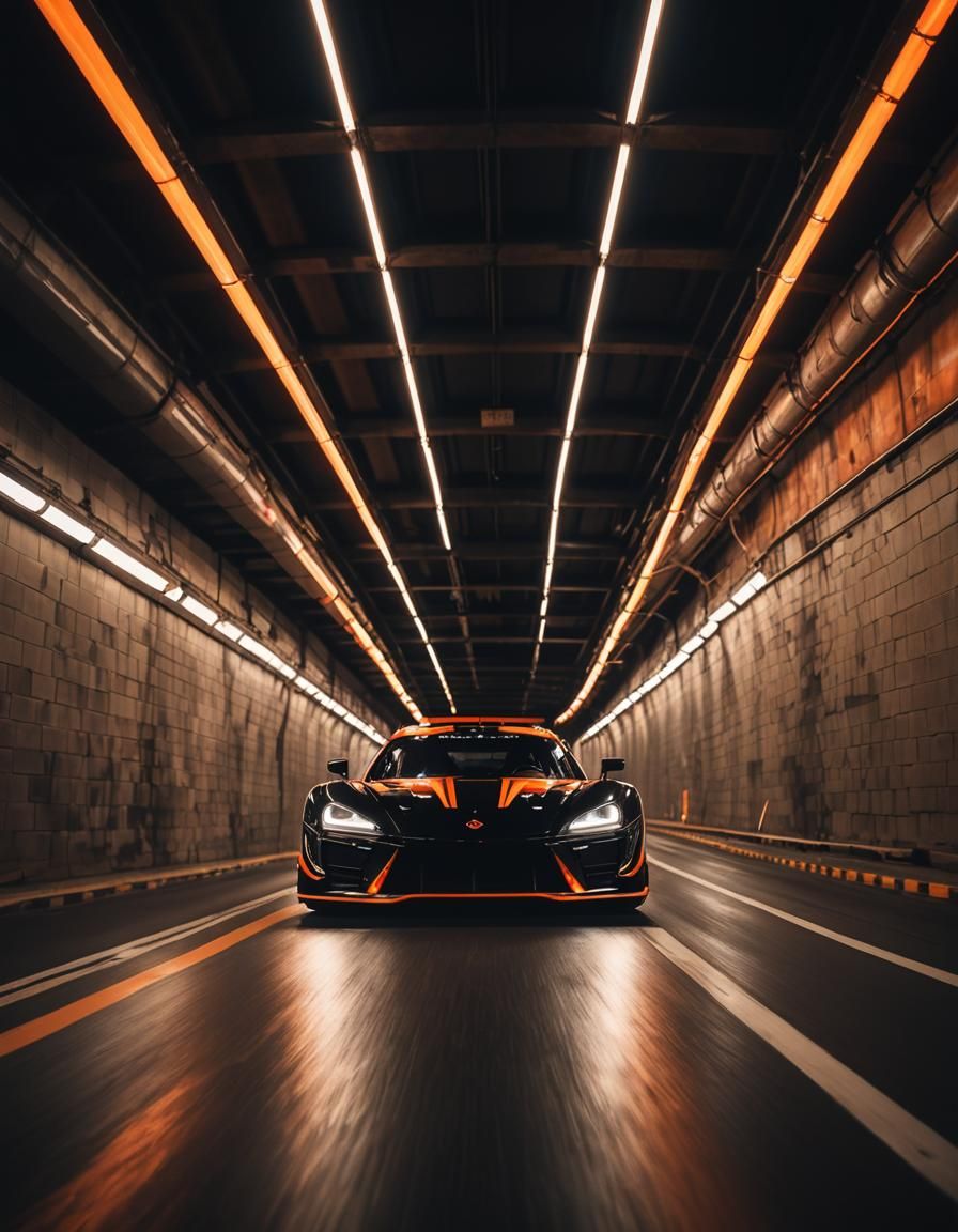 Black Racecar Speeds Through Neon Tunnel