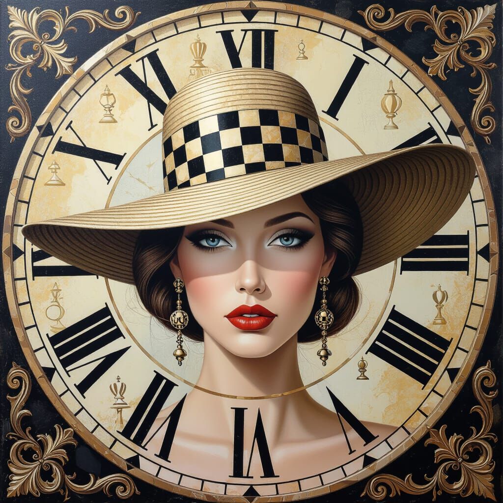 Stunning surreal, face, painting features a beautiful woman wearing a wide brimmed hat, adorned with chess elements in a...