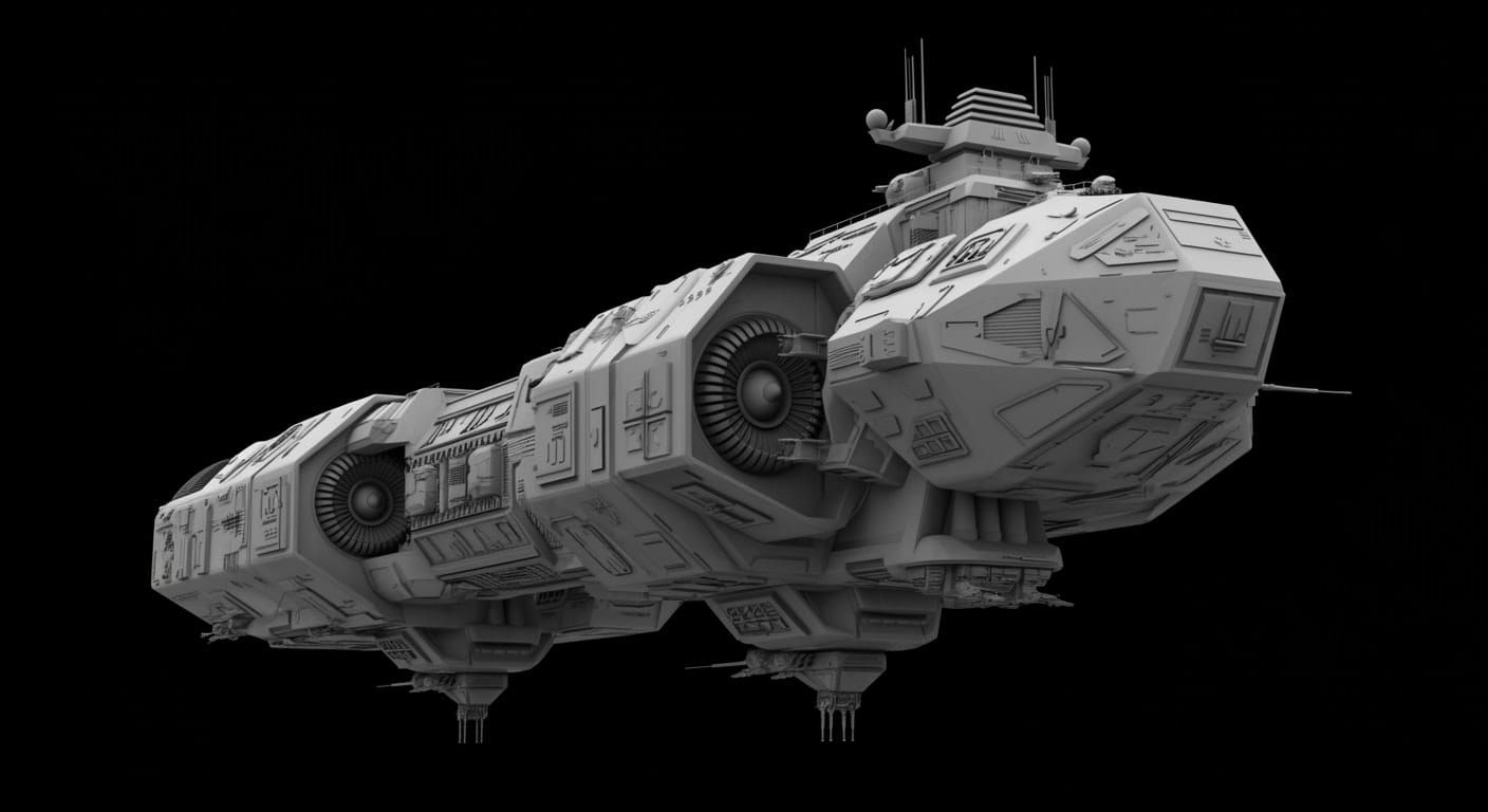 Elongated Futuristic Spacecraft in Black and White