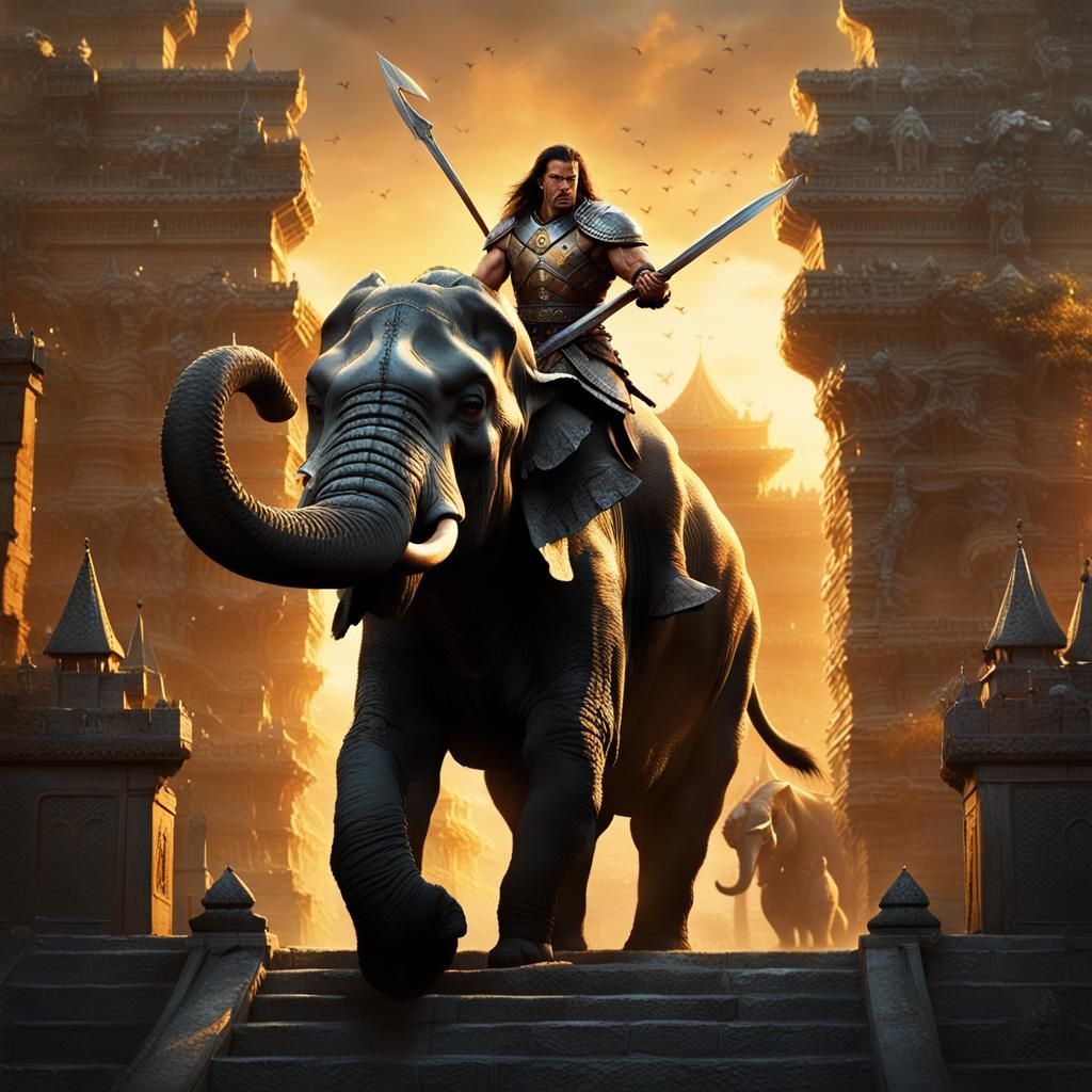 Conan the Barbarian on War Elephant, Dark Fantasy Art
