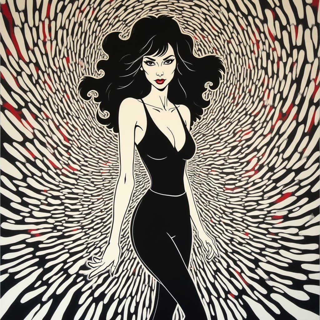 Vibrant Retro Op Art Portrait with Swirling Patterns and Mir...