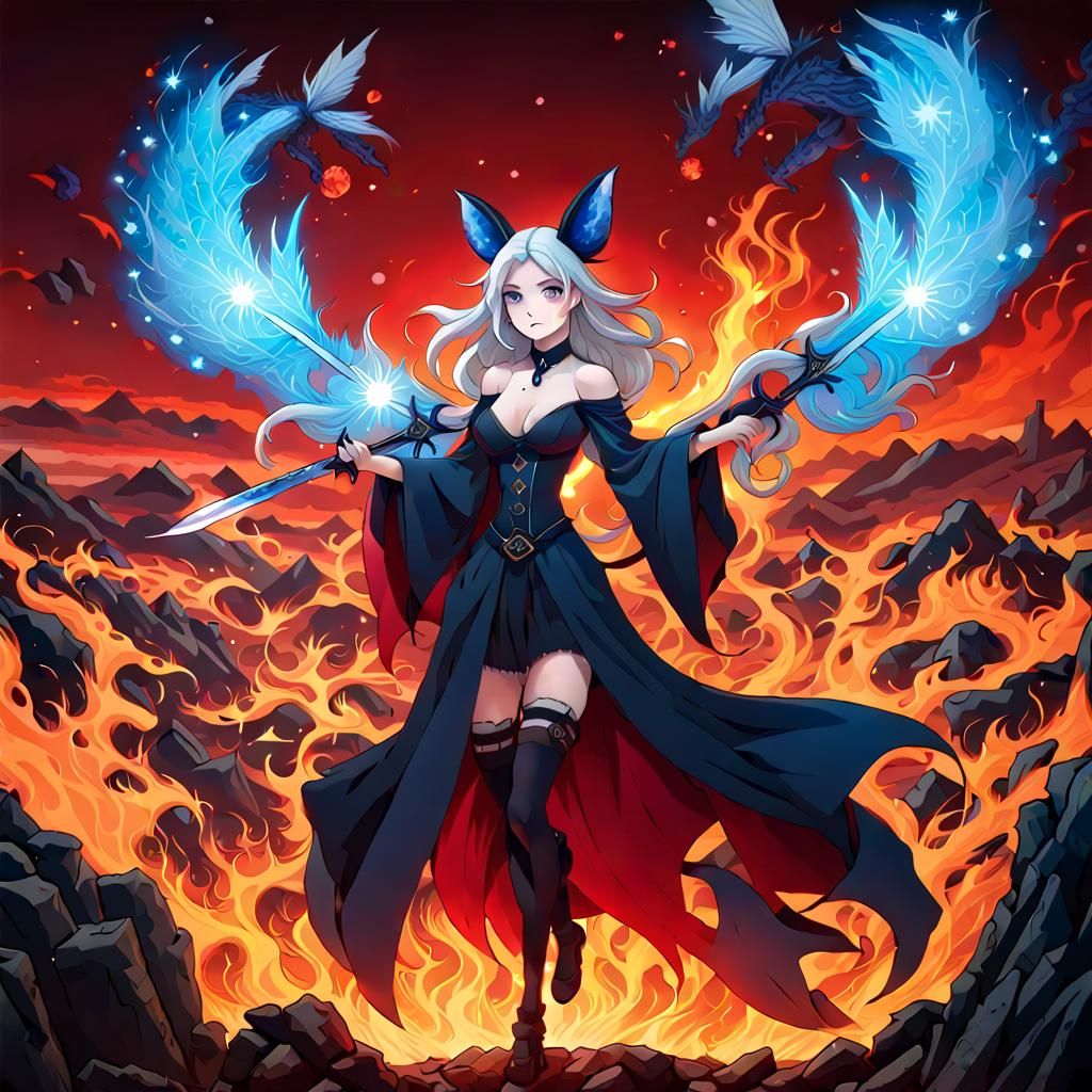 Gothic Fairy-Kitsune Soaring Over Burning Town