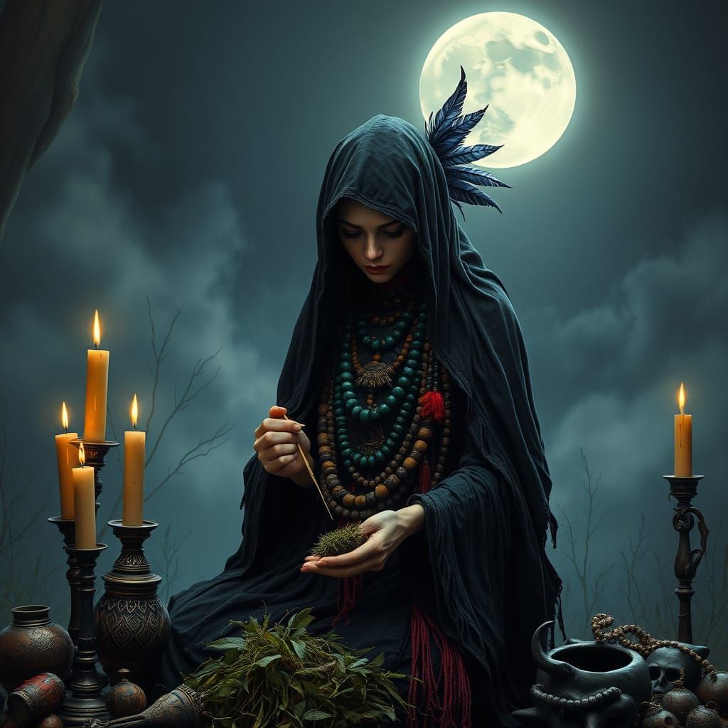 Mystical Voodoo Woman Gathering Herbs at Night