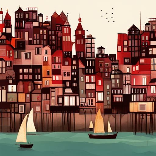 Charming Town Illustration in Digital Painting Style