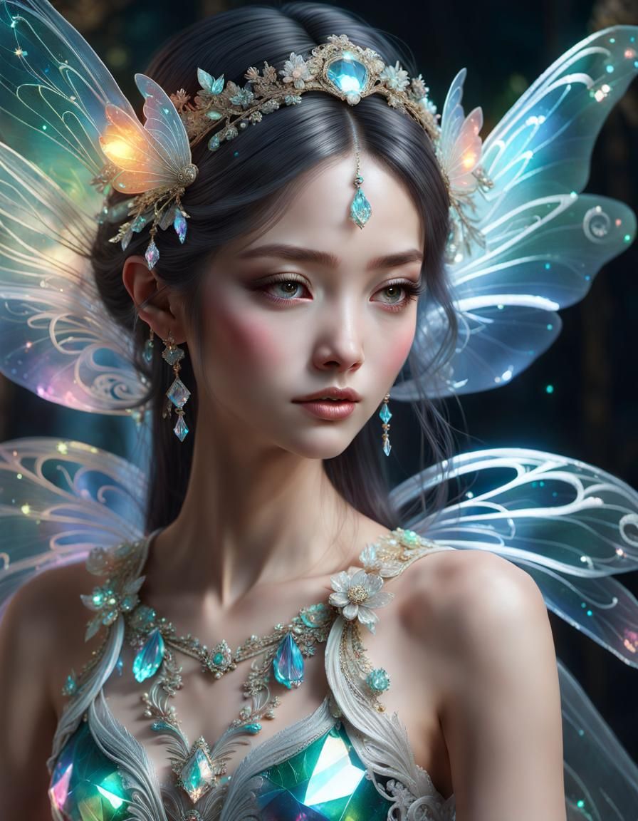 Beautiful Fairy with Crystal Wings in Hyperdetailed Style