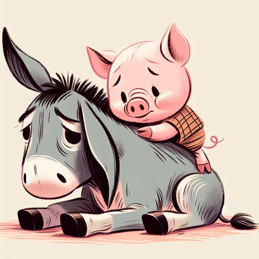 Piglet Comforts Eeyore: A Whimsical Cartoon Illustration