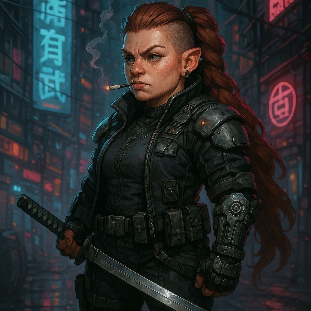 Surreal Cyberpunk Dwarf Warrior in Dark Alleyway