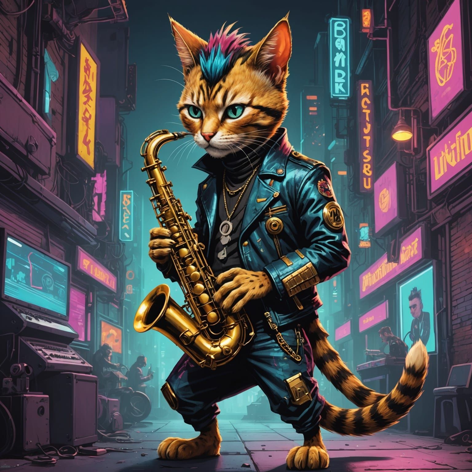 Rockabilly Cat Saxophonist in Cyberpunk Style