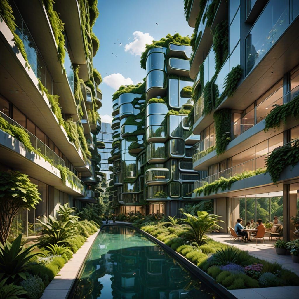 Harmonious Eco-Futuristic Cityscape in a Cyberpunk Aesthetic