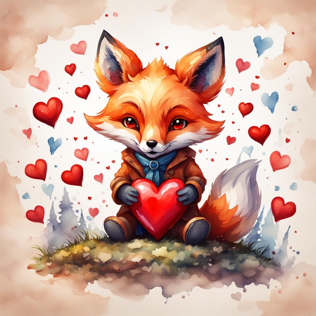 Watercolor Plush Fox with Heart