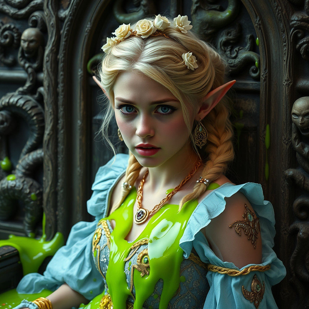 Distressed Elf Princess Engulfed in Neon Green Slime