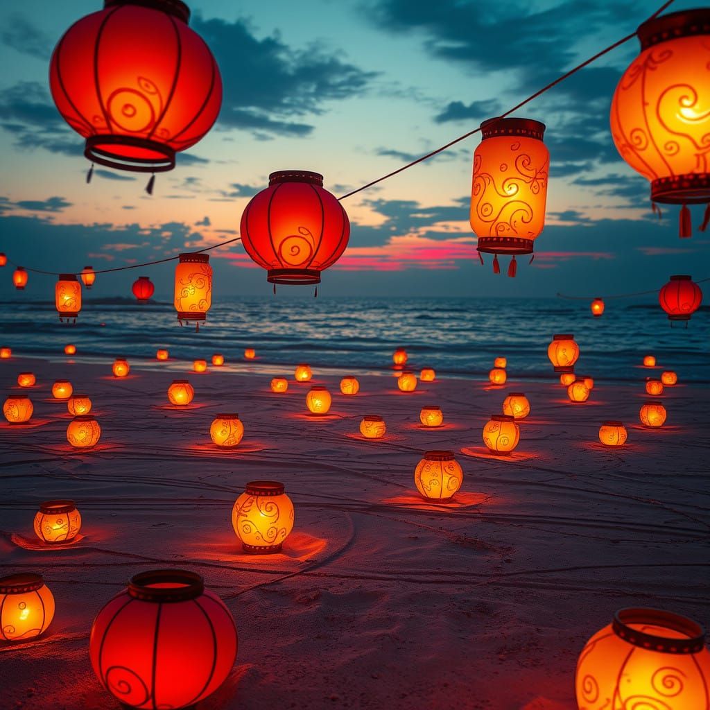 Vibrant Beach Lanterns Illuminated at Dusk in Dreamlike 8K M...