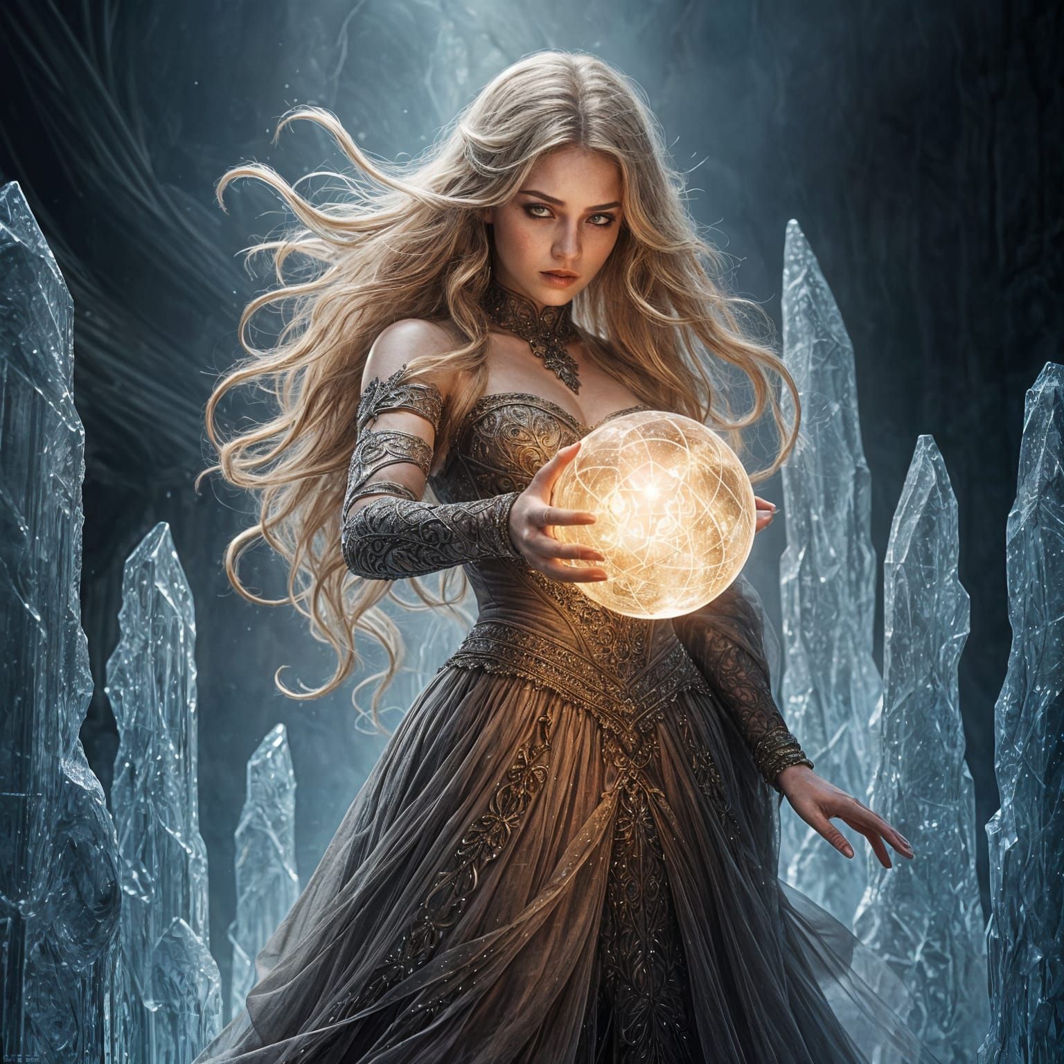 Sorceress Conjuring Crystal Sphere in Icy Realm