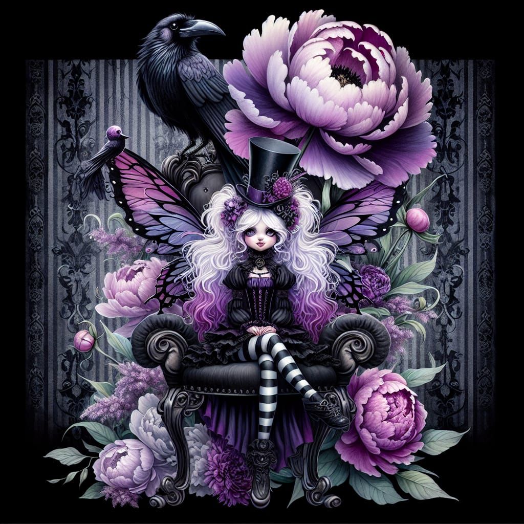 Gothic Fairy with Raven in Postromantic Symbolism Style
