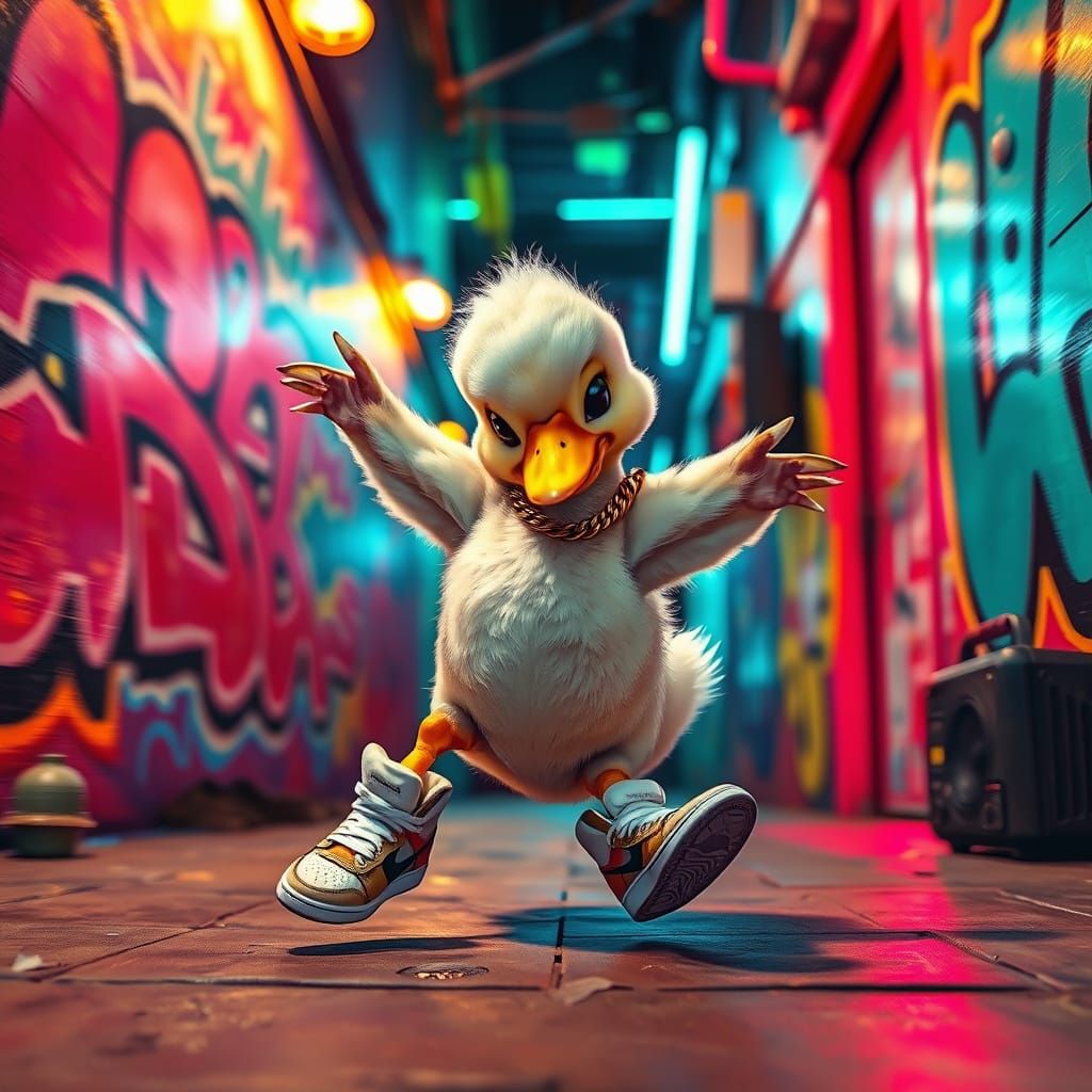 Cyberpunk Duckling Breakdance in Neon Alley