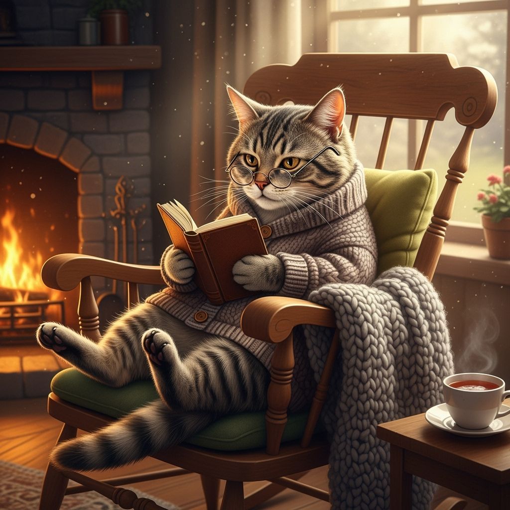 Wise Tabby Cat Reading a Book by the Fire