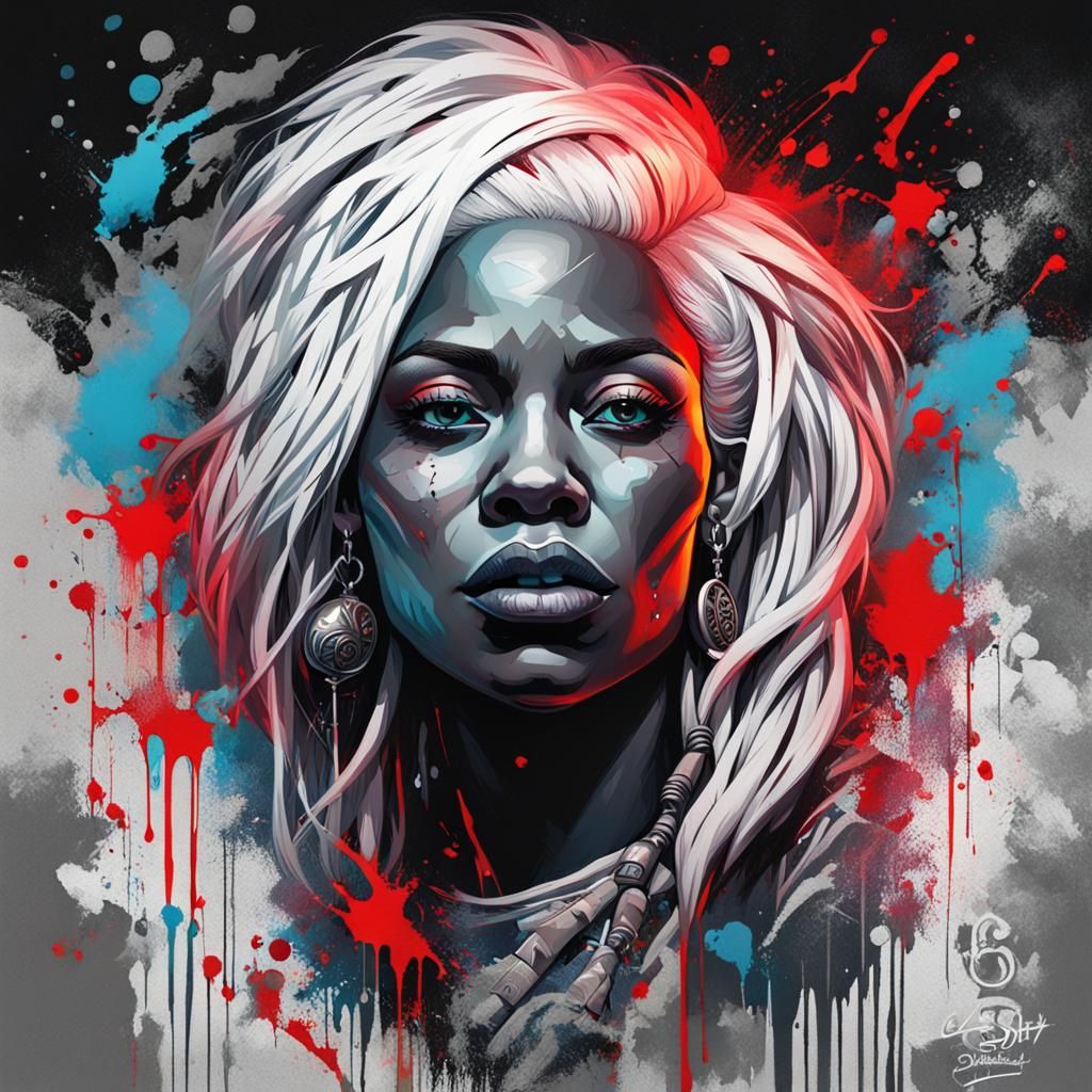 Graffiti Art of Tattooed Woman with White Hair