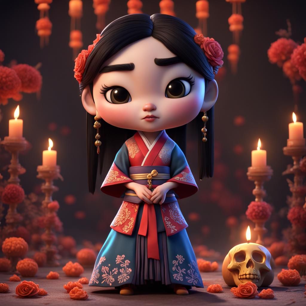 Hyperrealistic Mulan as Día de los Muertos Chibi