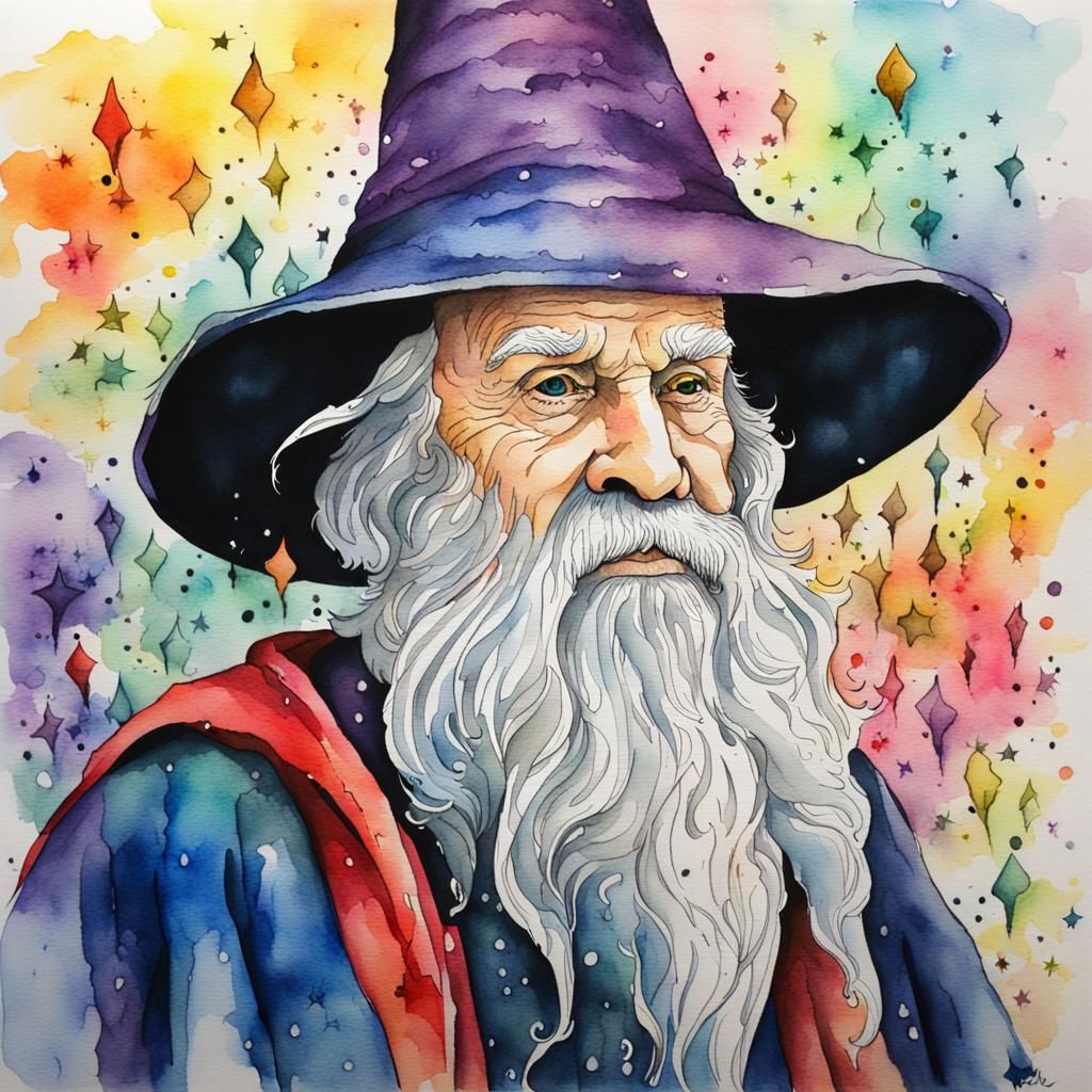 Colorful Wizard in Watercolor and Ink
