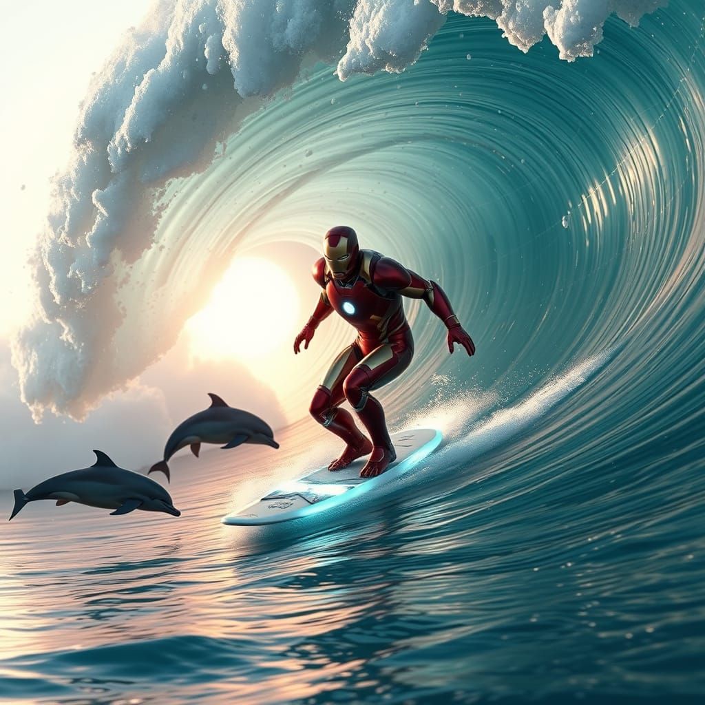 Ironman Riding Glassy Waves in Futuristic Surf