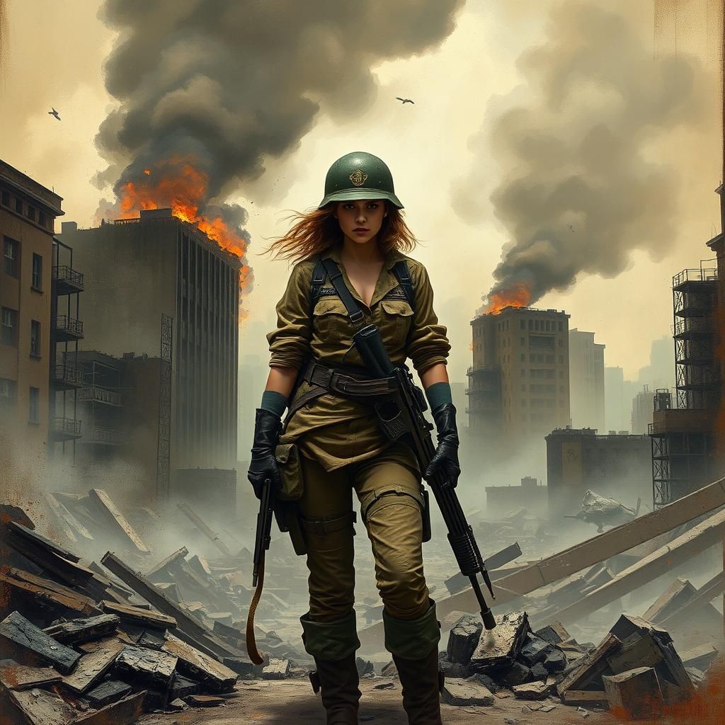 Female Soldier in War-Torn Cityscape, Emotional Illustration