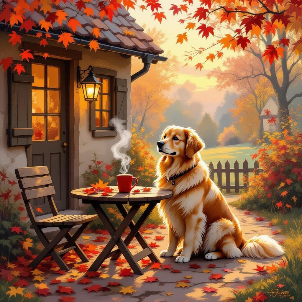 Golden Retriever Enjoys Coffee at Rustic Table Amidst Autumn...