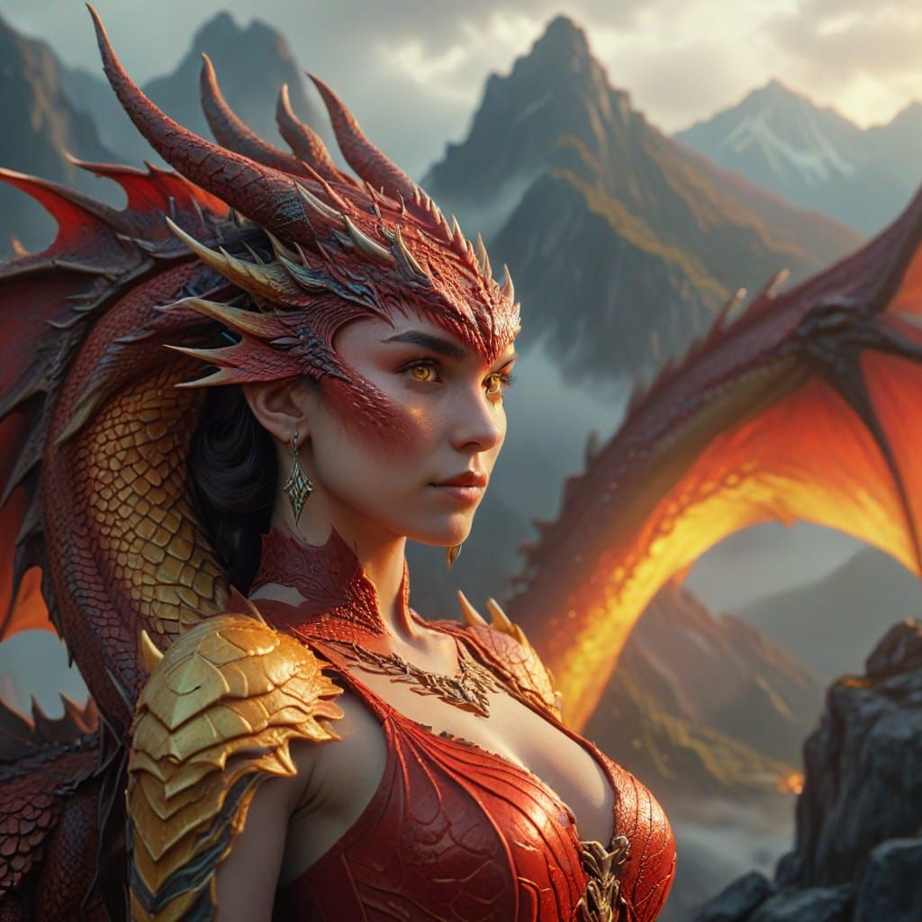Woman and Dragon in High Fantasy 3D Realism